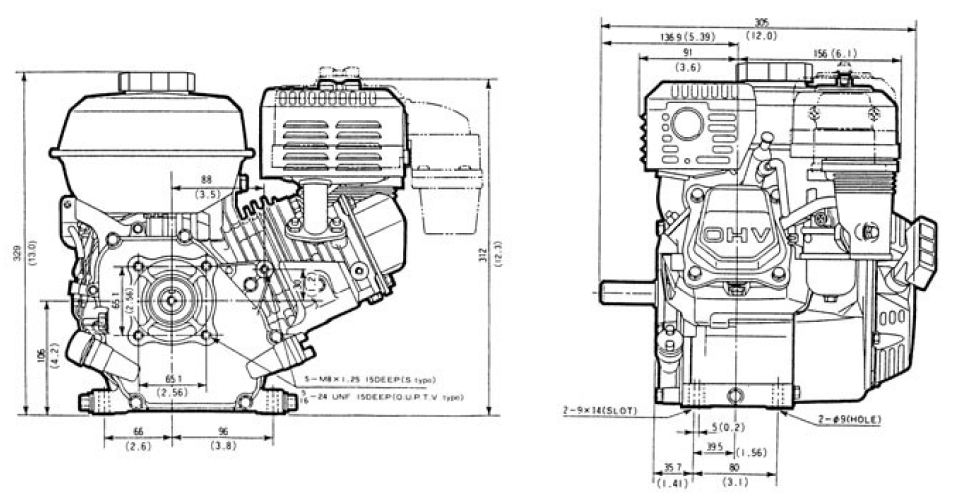 Front and side view of GX160 engine, dimensions displayed for height and width