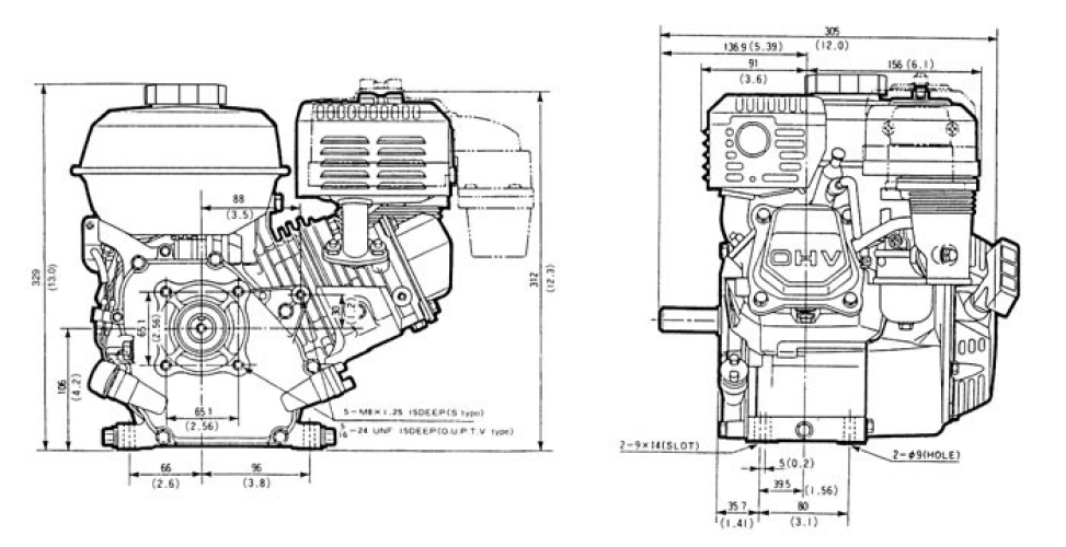 Front and side view of GX200 engine, dimensions displayed for height and width