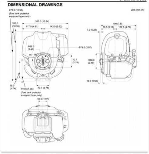 Front and side view of GX50 engine, dimensions displayed for height and width