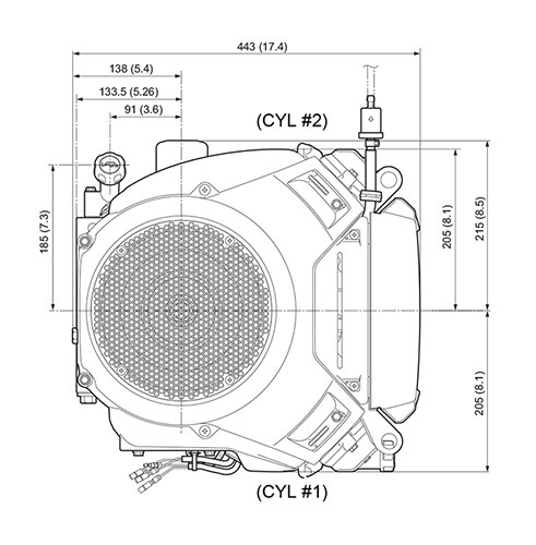 Front and side view of GXV630 engine, dimensions displayed for height and width