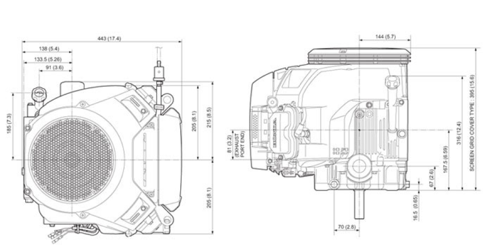 Front and side view of GXV690 engine, dimensions displayed for height and width