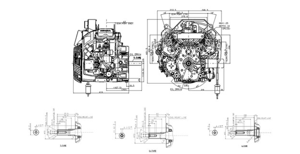 Front and side view of iGXV700 engine, dimensions displayed for height and width
