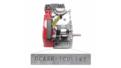 Side view of Honda engine with close up shot of serial number